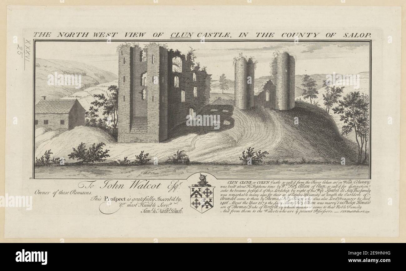 DIE NORDWESTLICHE ANSICHT DES SCHLOSSES VON CLUN, IN DER GRAFSCHAFT VON SALOP. Autor Buck, Samuel 36,25. Erscheinungsort: [London] Verlag: [Samuel and Nathaniel Buck] Erscheinungsdatum: [1731] Objekttyp: 1 Druckmedium: Radierung Maße: Plattenmark 20,0 x 37,1 cm, auf Blatt 24,2 x 40,8 cm. Ehemaliger Besitzer: George III., König von Großbritannien, 1738-1820 Stockfoto