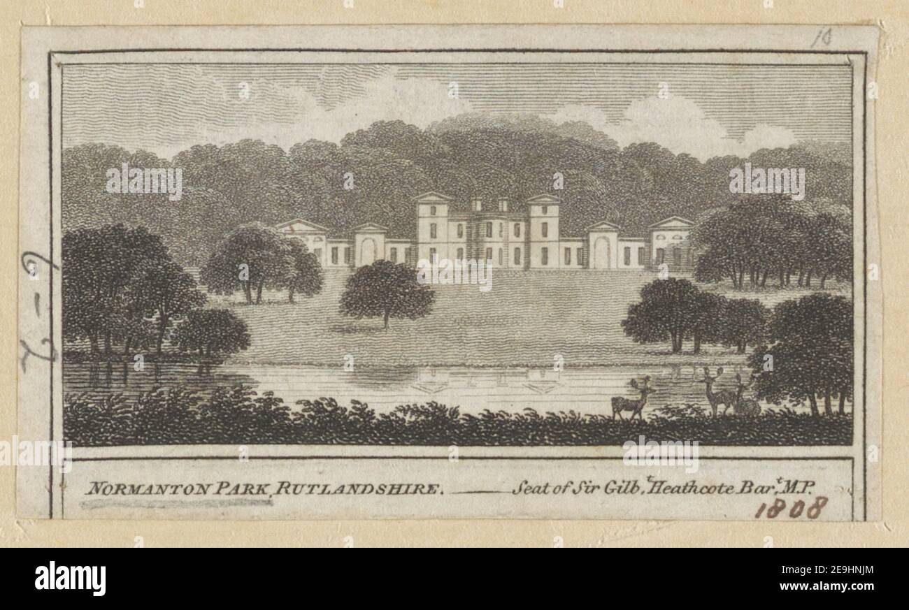 Normanton Park, Rutlandshire. Sitz von Sir Gilb.t Heathcote, Bar.t, M.P. Autor Peltro, John 36,6.2. Erscheinungsort: [London] Verlag: [William Peacock] Erscheinungsdatum: [1808] Artikeltyp: 1 Druckmedium: Gravur , Radierung Maße: Blatt 4 x 7 cm (getrimmt unten Platemark) Ex-Besitzer: George III, King of Great Britain, 1738-1820 Stockfoto