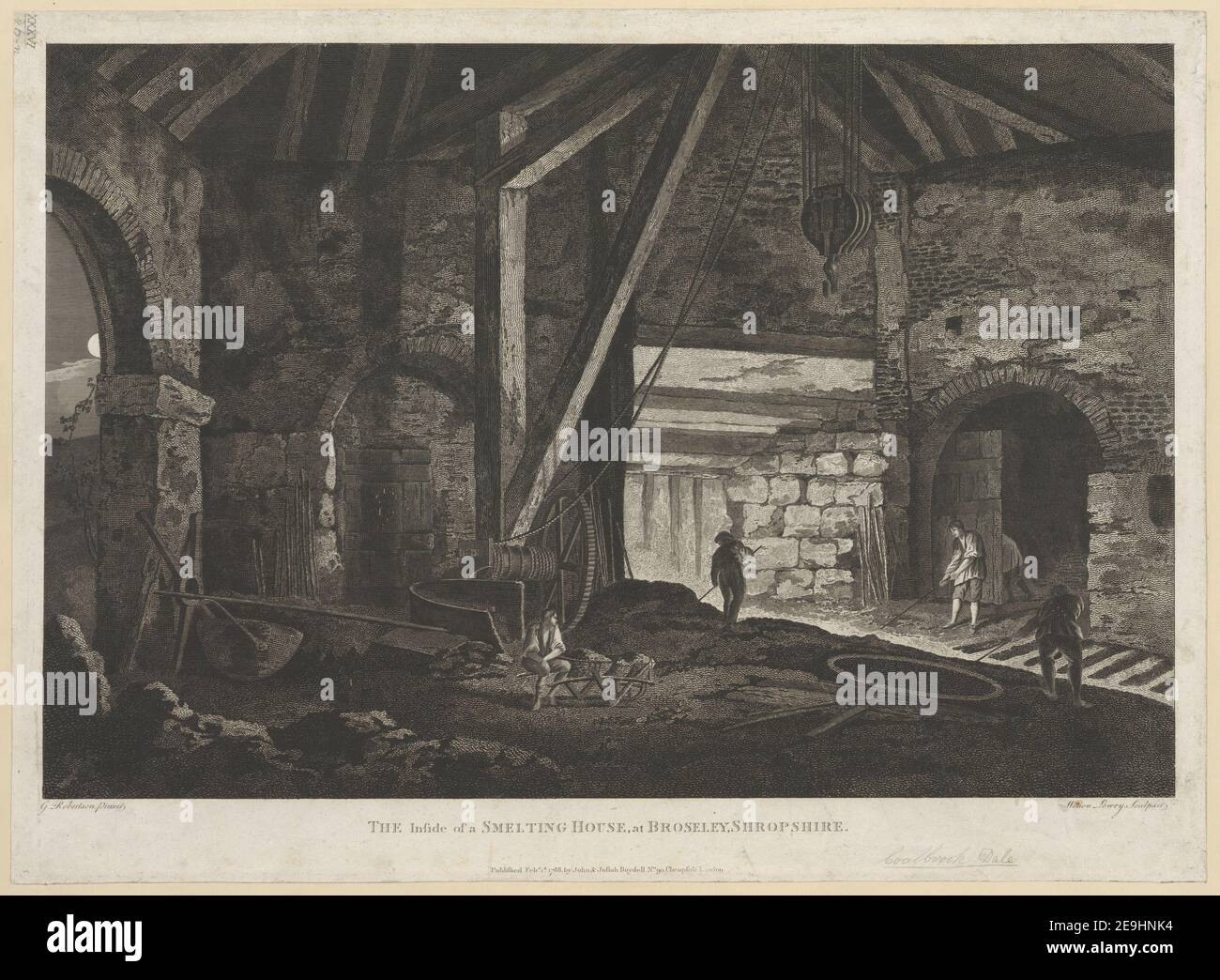 DAS Innere eines HÜTTENHAUSES, in BROSELEY, SHROPSHIRE. Autor Lowry, Wilson 36,26.n. Erscheinungsort: [London] Verlag: Feby. 1st. 1788, von John , Josiah Boydell, No. 90, Cheapside London. Erscheinungsdatum: [Februar 1 1788] Objekttyp: 1 Druckmedium: Radierung Maße: Blatt 40,2 x 55,0 cm (getrimmt unterhalb des Plattenmarks). Ehemaliger Besitzer: George III., König von Großbritannien, 1738-1820 Stockfoto