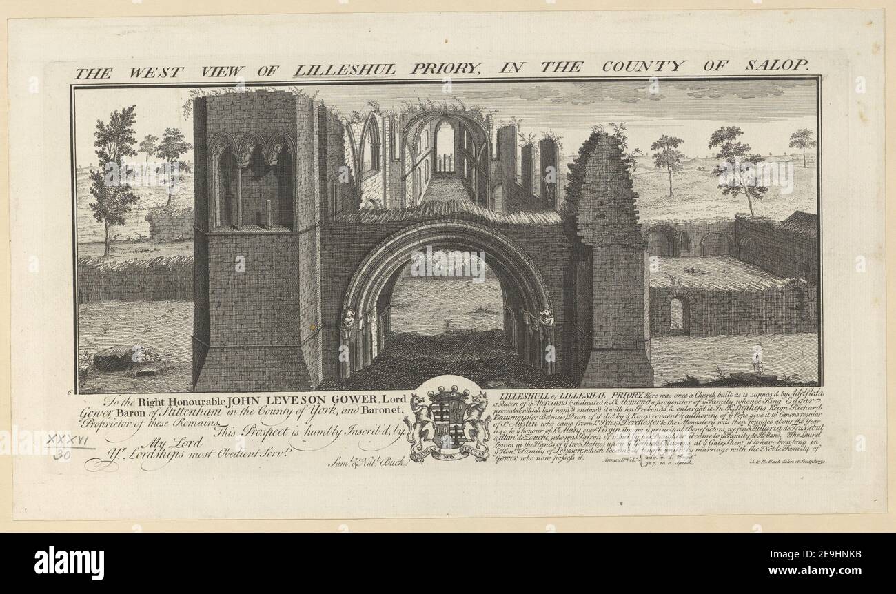 DIE WESTANSICHT DES PRIORATS LILLESHUL, IM LANDKREIS SALOP. Autor Buck, Samuel 36,30. Erscheinungsort: [London] Verlag: [Samuel and Nathaniel Buck] Erscheinungsdatum: [1731] Objekttyp: 1 Druckmedium: Radierung Maße: Plattenmark 19,4 x 37,6 cm, auf Blatt 23,4 x 40,9 cm. Ehemaliger Besitzer: George III., König von Großbritannien, 1738-1820 Stockfoto