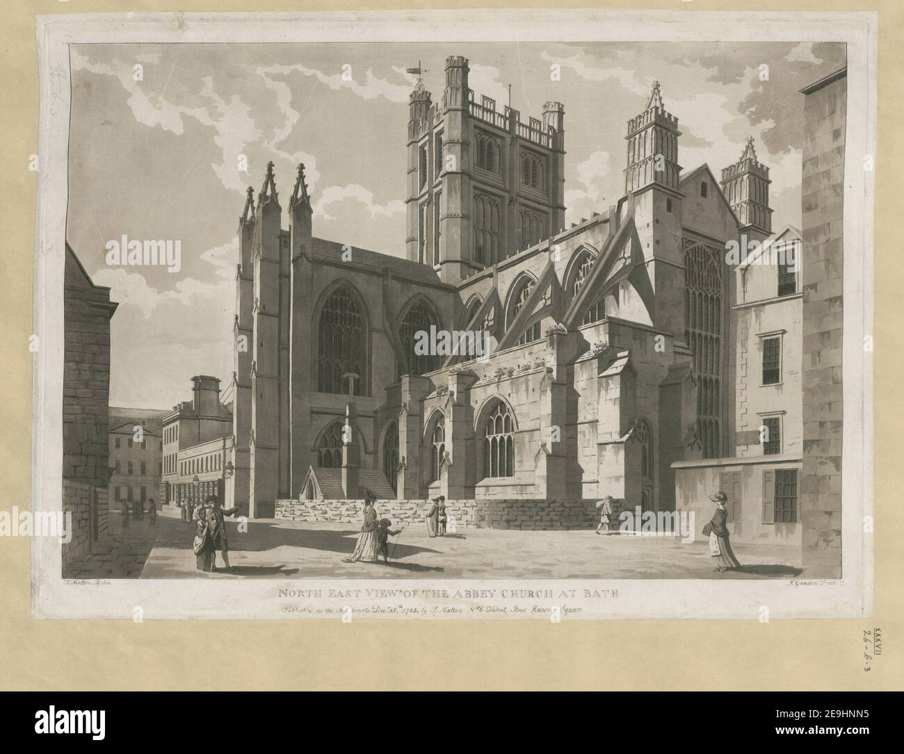 NORDOSTANSICHT DER ABTEIKIRCHE IN BATH. Autor Gandon, James 37,26.b,3. Erscheinungsort: [London] Verlag: Publish'd as the Act directs Decr 15th 1784 by T. Malton No6 Conduit Street, Hanover Square., Erscheinungsdatum: [Dezember 15 1784] Objekttyp: 1 Print Medium: Aquatinta und Radierung Maße: Blatt 37,2 x 51,5 cm ehemaliger Besitzer: George III., König von Großbritannien, 1738-1820 Stockfoto