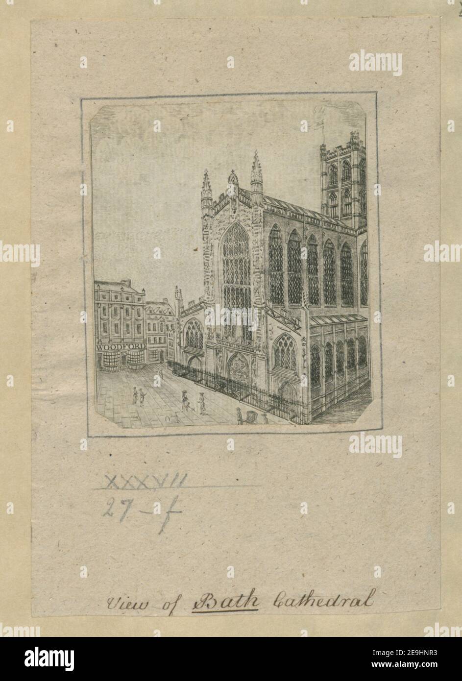 Blick auf die Kathedrale von Bath. Visual Material information: Titel: Ansicht der Kathedrale von Bath. 37,27.f. Erscheinungsort: [England] Verlag: [Verlag nicht identifiziert] Erscheinungsdatum: [Ca. 1740-1770] Objekttyp: 1 Print Medium: Radierung Maße: Blatt 8,6 x 7,5 cm Ex-Besitzer: George III, King of Great Britain, 1738-1820 Stockfoto