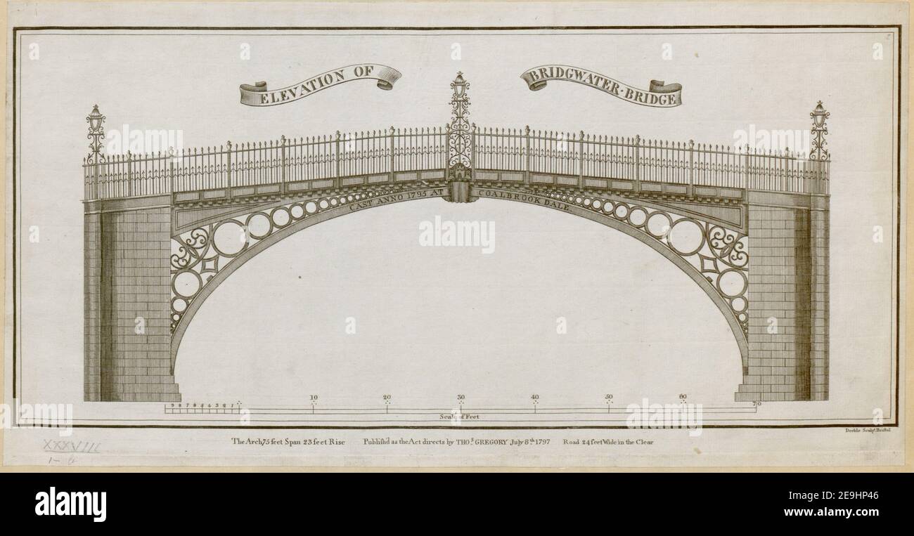 ERHEBUNG DER BRIDGWATER BRÜCKE. Autor Deeble, Thomas 38,1.B. Erscheinungsort: [England] Verlag: Publish'd as the Act directs by THOS GREGORY, Erscheinungsdatum: Juli 8th 1797. Art des Artikels: 1 Druck Medium: Radierung und Gravur Maße: Blatt 22,5 x 43,7 cm ehemaliger Besitzer: George III, König von Großbritannien, 1738-1820 Stockfoto