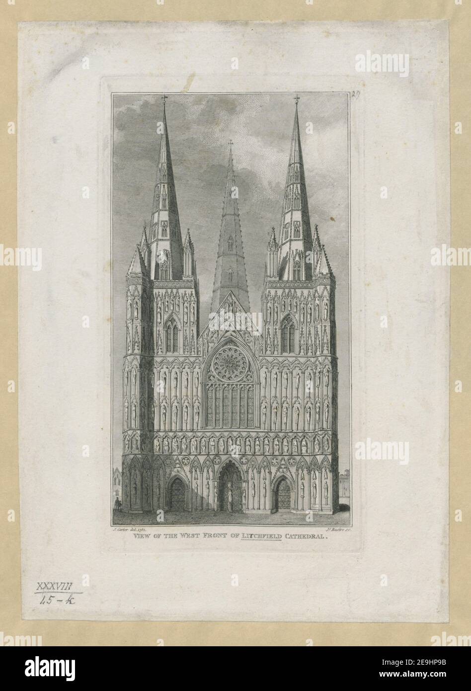 BLICK AUF DIE WESTFRONT DER LITCHFIELD CATHEDRAL. Autor Basire, James 38,45.k. Erscheinungsort: [London] Verlag: [John Harris] Erscheinungsdatum: [1810] Artikeltyp: 1 Print Medium: Plattenmark 22,7 x 12,5 cm, auf Blatt 28,6 x 20,4 cm ehemaliger Besitzer: George III., King of Great Britain, 1738-1820 Stockfoto