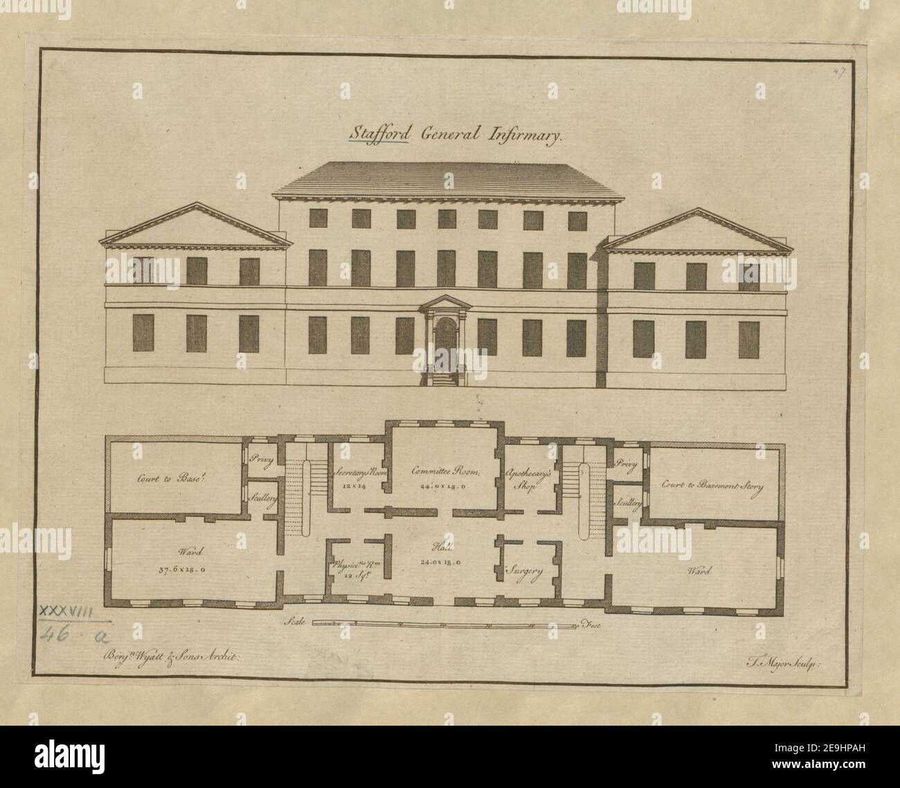 Stafford General Infirmary. Autor Major, Thomas 38,46.a. Ort der Veröffentlichung: [London?] Herausgeber: [Thomas Major?] Veröffentlichungsdatum: [1770 oder später] Artikeltyp: 1 Druckmedium: Sepia-Gravur Maße: Blatt 22,4 x 29,3 cm (getrimmt unter Platemark) ehemaliger Besitzer: George III, König von Großbritannien, 1738-1820 Stockfoto