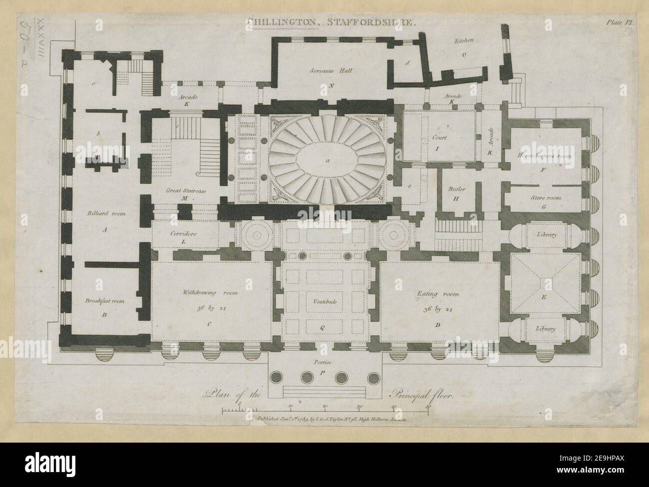 CHILINGTON, STAFFORDSHIRE. Autor Soane, John 38,50.a. Erscheinungsort: [London] Verlag: Jany. 1st. 1789, von I. , J. Taylor, No. 56, High Holborn, London. Erscheinungsdatum: [Januar 1 1789] Objekttyp: 1 Druckmedium: Gravur Maße: Blatt 23,2 x 35,4 cm (getrimmt unter Platemark) ehemaliger Besitzer: George III., König von Großbritannien, 1738-1820 Stockfoto