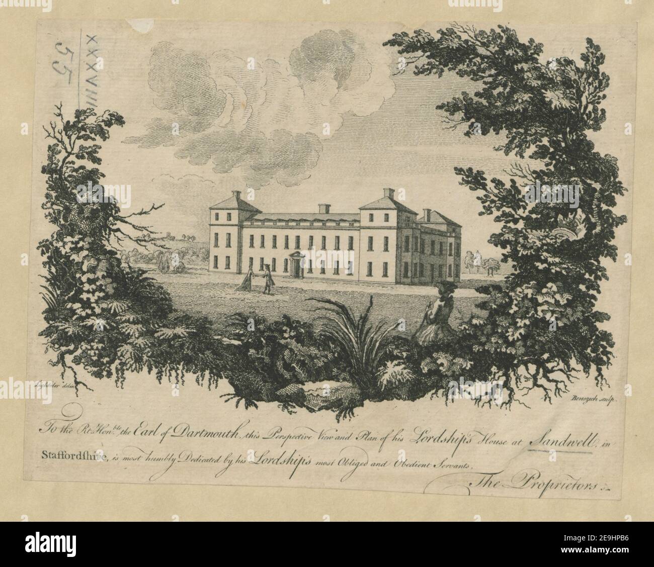 Für die RT, Honble, der Earl of Dartmouth, diese Perspektive Ansicht und Plan seiner Lordship's House in Sandwell, in Staffordshire, ist sehr demütig gewidmet von seiner Lordship die meisten verpflichtet und gehorsam Diener. Der P Autor Benazech, Peter 38,55. Erscheinungsort: [London] Verlag: [Verlag nicht identifiziert] Erscheinungsdatum: [Um 1770?] Art des Artikels: 1 Druck Medium: Radierung Maße: Blatt 15,9 x 20,7 cm (unten beschnitten) ehemaliger Besitzer: George III., König von Großbritannien, 1738-1820 Stockfoto