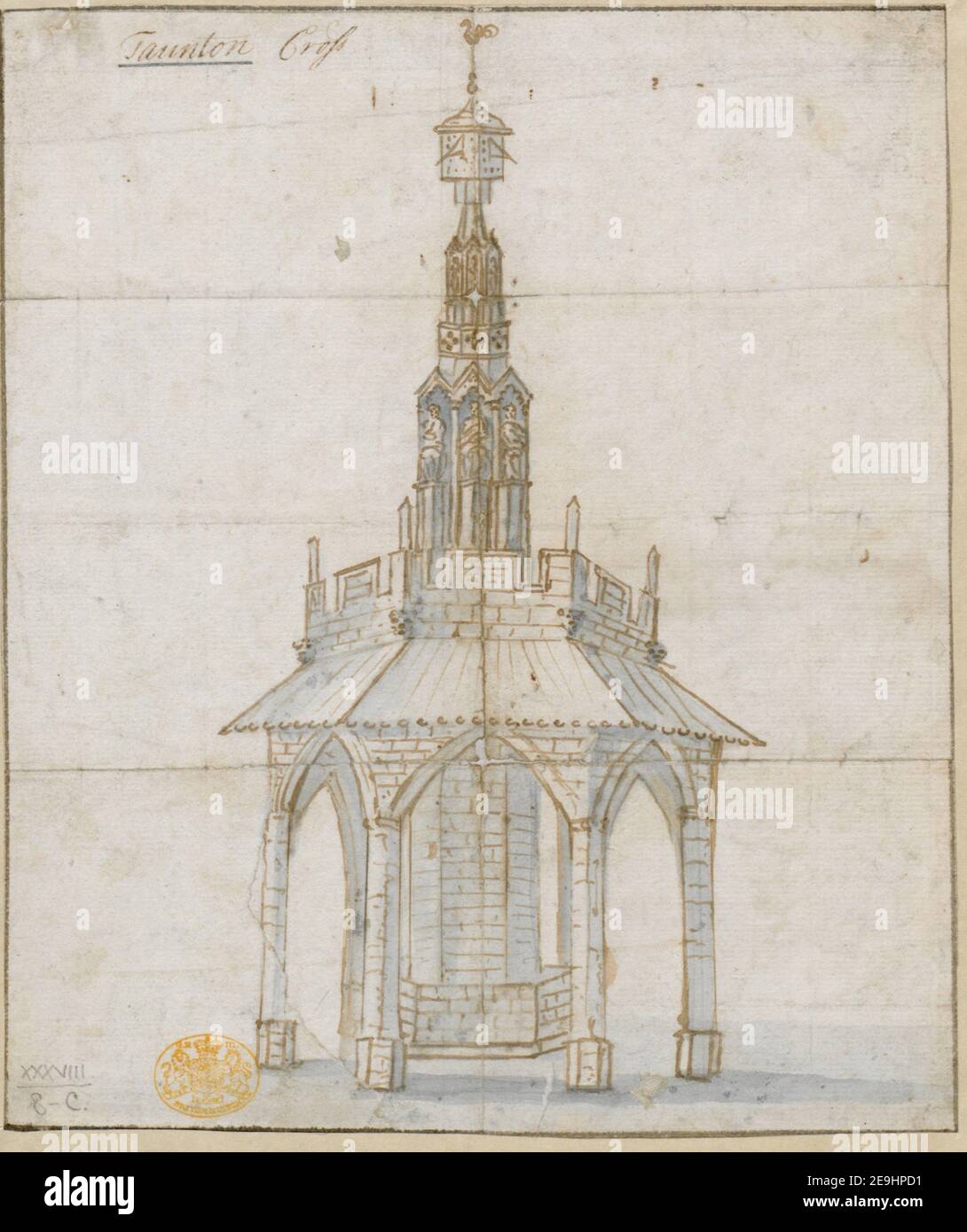 Taunton Cross. Visual Material information: Titel: Taunton Cross. 38,8.c. Erscheinungsdatum: [Ca. 1720-1750] Objekttyp: 1 Zeichnung Medium: Feder und braune Tinte mit blauer Waschung Maße: Blatt 23,1 x 19,5 cm ehemaliger Besitzer: George III, König von Großbritannien, 1738-1820 Stockfoto