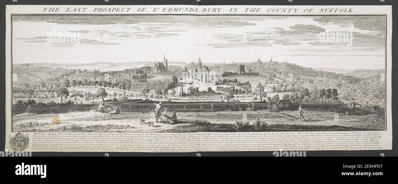 DIE ÖSTLICHE PERSPEKTIVE VON ST. EDMUNDS BEGRABEN, IN DER GRAFSCHAFT SUFFOLK. Autor Buck, Nathaniel 39,13.a. Ort der Veröffentlichung: [London] Verlag: Veröffentlichung gemäß Gesetz des Parlaments Jan. 7th. 1741 Gartenhof Nr. 1. Middle Temple, London, Erscheinungsdatum: [1741] Objekttyp: 1 Druckmedium: Radierung Maße: Blatt 30,4 x 80,6 cm [getrimmt innerhalb Plattenmark]. Ehemaliger Besitzer: George III., König von Großbritannien, 1738-1820 Stockfoto