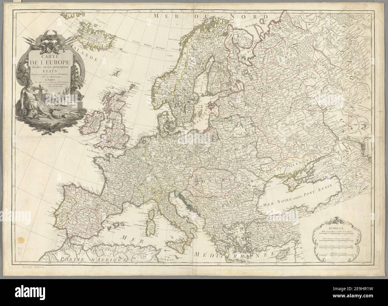 Carte de l'Europe diviseÃÅe en ses principaux etats Autor Bonne, Rigobert 4.87.2 tab. Erscheinungsort: A Paris Verlag: chez LattreÃÅ, graveur ordinaire de M.gneur le Dauphin, Rue St Jacques a la ville de Bourdeaux, avec Privilege du Roy, Erscheinungsdatum: 1771. Objekttyp: 1 Karte auf 2 Blatt (zusammengefügt) Medium: Handfarbig Maße: 76 x 106 cm ehemaliger Besitzer: George III, König von Großbritannien, 1738-1820 Stockfoto