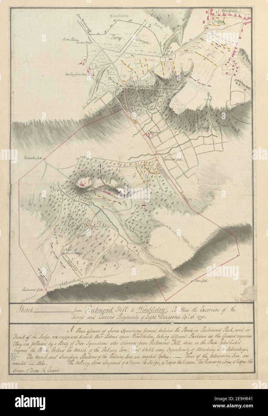 Skizze von Richmond Hill nach Wimbledon. Um die Übung der König und Königin Regimenter der leichten Dragoons zu zeigen. AP.l 18.th 1770. Autor Dundas, David 40,10. Datum der Veröffentlichung: 1770. Art des Artikels: 1 Karte Medium: Feder und Tinte mit Waschmittel und etwas Farbe Maße: 34,9 x 28,6 cm ehemaliger Besitzer: George III, König von Großbritannien, 1738-1820 Stockfoto