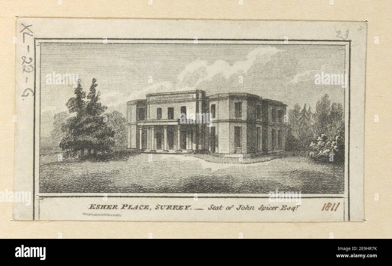 ESHER PLACE, SURREY. Visual Material information: Titel: ESHER PLACE, SURREY. ; 40,22.g. Ort der Veröffentlichung: [London] Verlag: [W. Peacock]., Erscheinungsdatum: [1811] Objekttyp: 1 Druckmedium: Radierung Maße: Blatt 4,0 x 6,7cm [getrimmt innerhalb Plattenmark]. Ehemaliger Besitzer: George III., König von Großbritannien, 1738-1820 Stockfoto