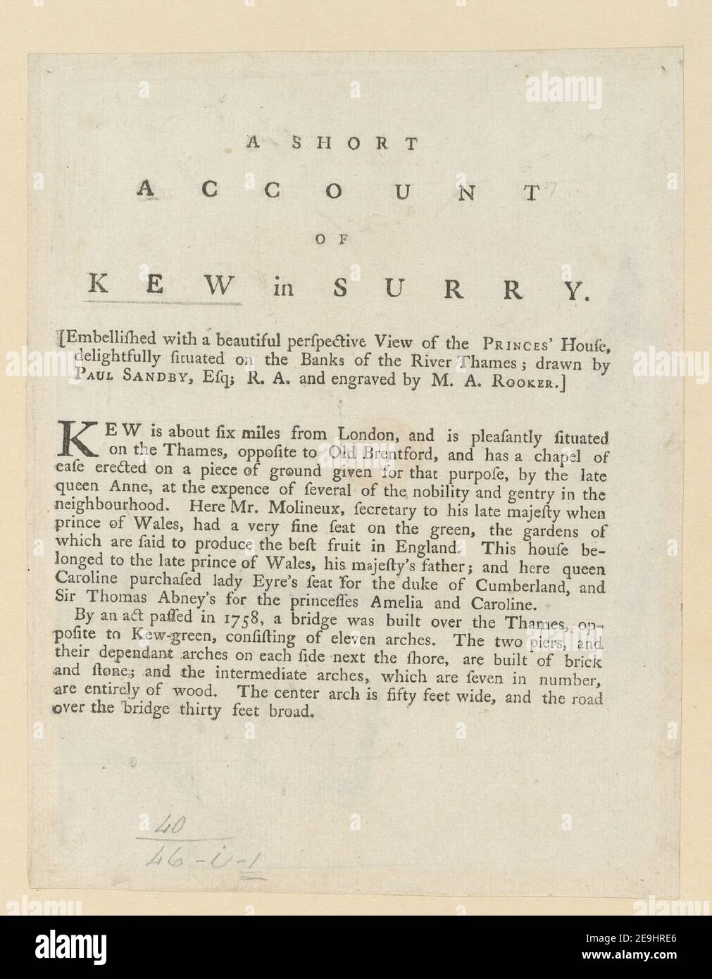 Ein Blick auf das HAUS DES PRINZEN in Kew. Autor Sandby, Paul 40,46.i,1. Erscheinungsort: [London] Verlag: Veröffentlicht gemäß Gesetz des Parlaments von G. Kearlsy, Nr. 46, Fleet Street, Juni 1st., Erscheinungsdatum: 1776. Art des Artikels: 1 Druck Medium: Radierung Maße: Plattenmark 16,2 x 21,3 cm. Ehemaliger Besitzer: George III., König von Großbritannien, 1738-1820 Stockfoto