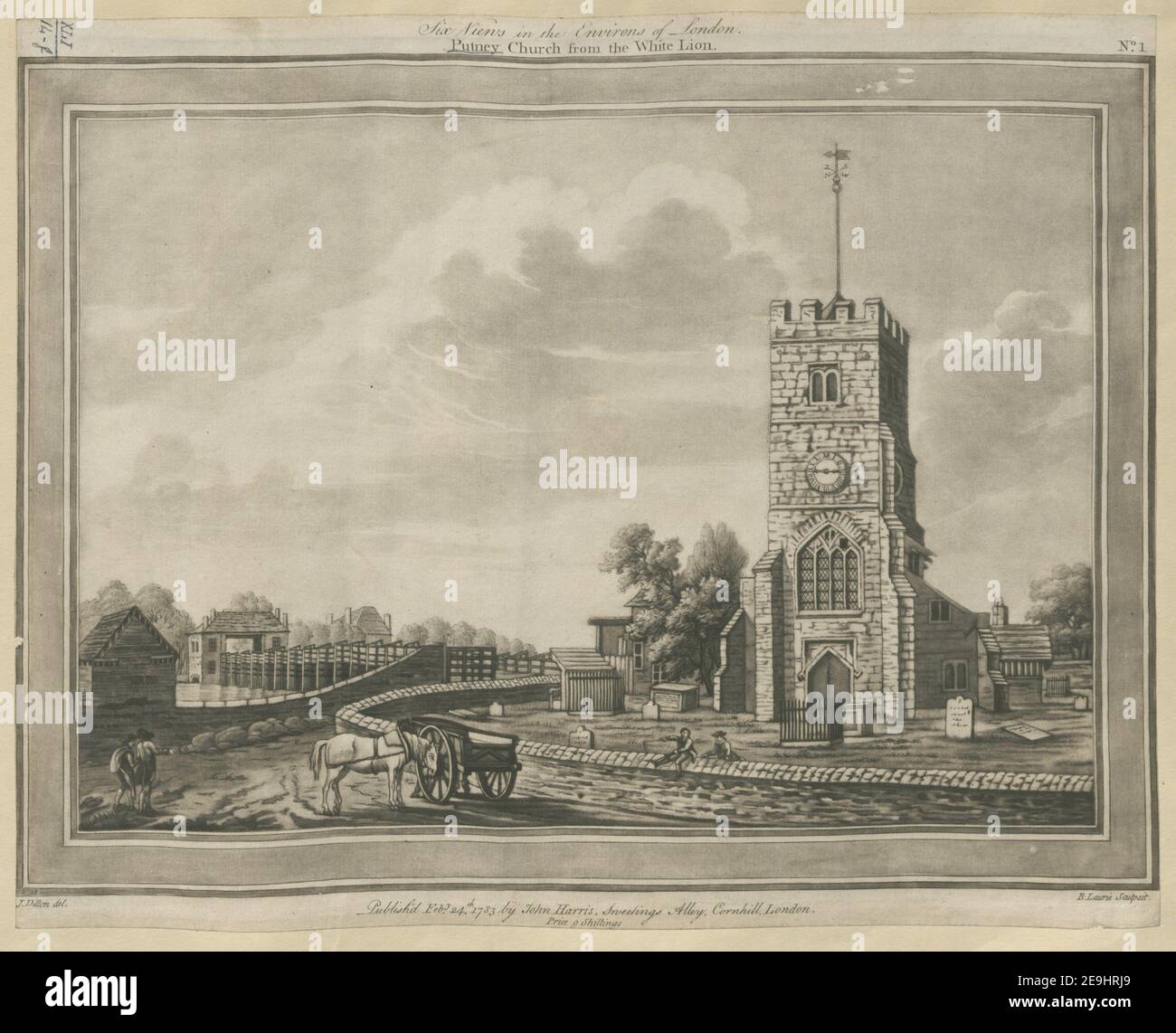 Putney Kirche vom Weißen Löwen. Autor Laurie, Robert 41,14.f. Erscheinungsort: [London] Verlag: Publish'd Feb.y 24.Th 1783 von John Harris, Sweetings Alley, Cornhill, London. Preis 9 Schilling., Erscheinungsdatum: [1783.] Art des Artikels: 1 Druck Medium: Radierung und Mezzotinta gedruckt in braun Maße: Blatt 24,8 x 31,7 cm [im Plattenmark beschnitten]. Ehemaliger Besitzer: George III., König von Großbritannien, 1738-1820 Stockfoto