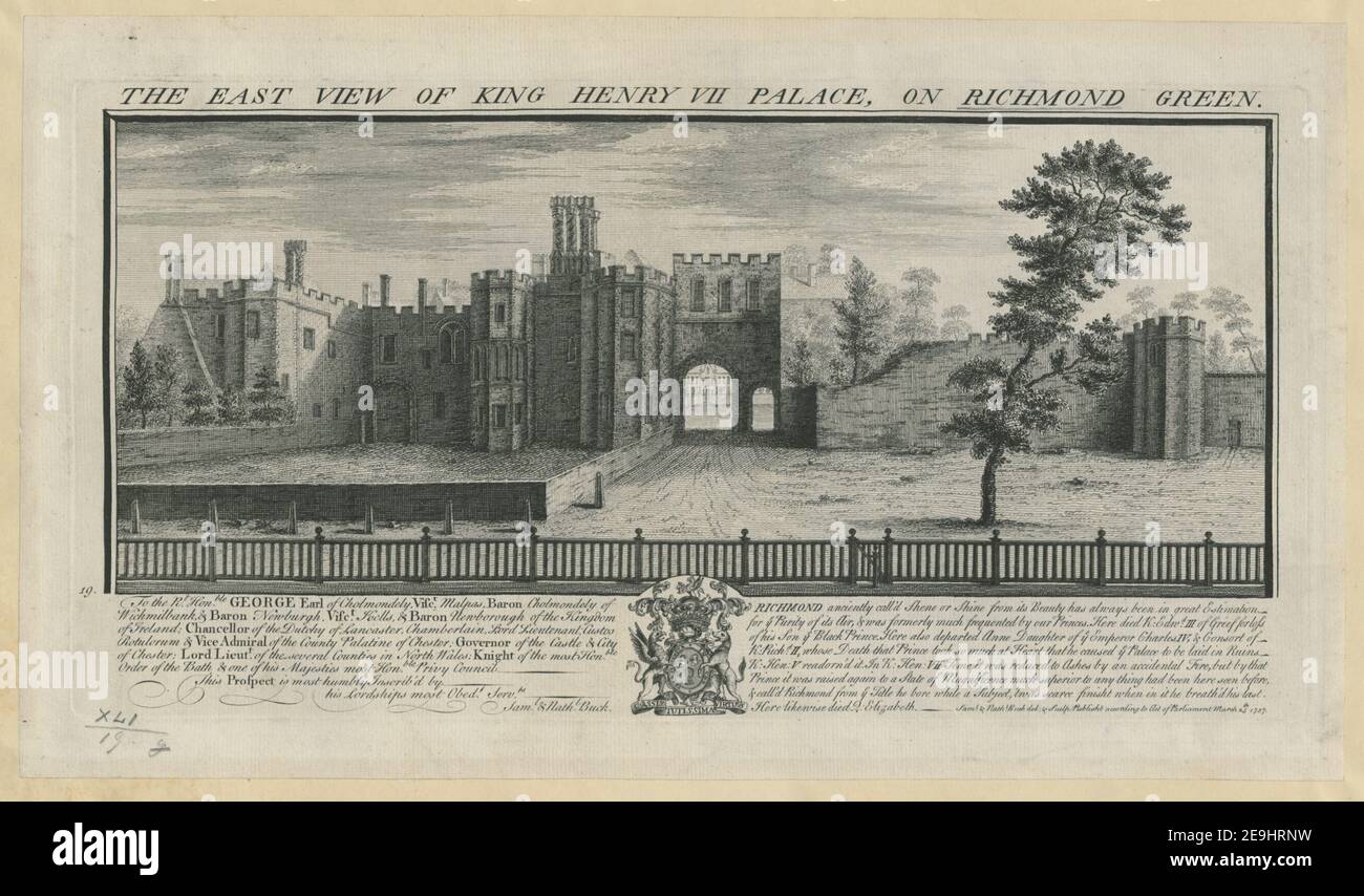 DIE OSTANSICHT DES KÖNIGS HENRY VII PALACE, AUF RICHMOND GREEN. Autor Buck, Nathaniel 41,19.g. Erscheinungsort: [London] Verlag: Publisht according to Act of Parliament März 25th, Erscheinungsdatum: 1737. Art des Artikels: 1 Druck Medium: Radierung Maße: Plattenmark 19,3 x 37,3 cm. Ehemaliger Besitzer: George III., König von Großbritannien, 1738-1820 Stockfoto