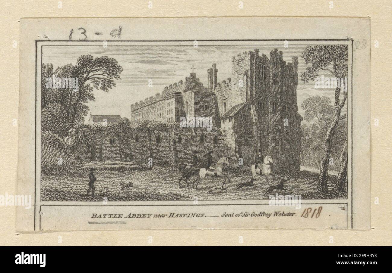 BATTLE ABBEY in der Nähe VON HASTINGS Sitz von Sir Godfrey Webster. Visual Material information: Titel: BATTLE ABBEY bei HASTINGS - Sitz von Sir Godfrey Webster. 42,13.d. Ort der Veröffentlichung: [London] Verlag: [W. Peacock]., Erscheinungsdatum: [1818] Objekttyp: 1 Druckmedium: Radierung Maße: Blatt 3,9 x 6,5 cm [getrimmt innerhalb Plattenmark]. Ehemaliger Besitzer: George III., König von Großbritannien, 1738-1820 Stockfoto