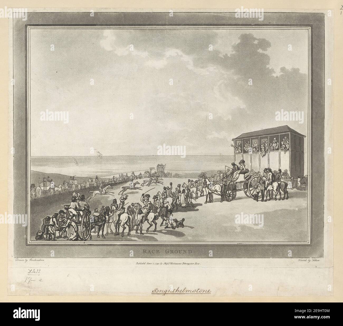 RACE GROUND Autor Alken, Samuel 42,17.e. Ort der Veröffentlichung: [London] Verlag: Publish'd June 1. 1790 von Herrn Robinson's Paternoster Row., Erscheinungsdatum: [1790.] Art des Artikels: 1 Druck Medium: Radierung und Aquatinta Abmessungen: Blatt 30,0 X 34,1 cm [im Plattenmark beschnitten]. Ehemaliger Besitzer: George III., König von Großbritannien, 1738-1820 Stockfoto