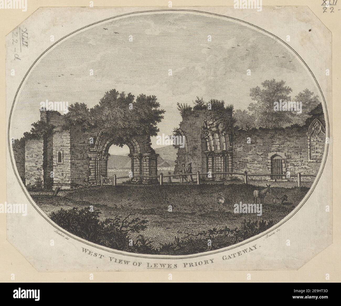 WESTANSICHT VON LEWES PRIORY GATEWAY Autor Basire, James 42,22.d. Erscheinungsort: [Warrington] Verlag: [William Eyres] Erscheinungsdatum: [1785.] Art des Artikels: 1 Druck Medium: Radierung Abmessungen: Blatt 18,1 x 22,2 cm [im Plattenmark beschnitten]. Ehemaliger Besitzer: George III., König von Großbritannien, 1738-1820 Stockfoto