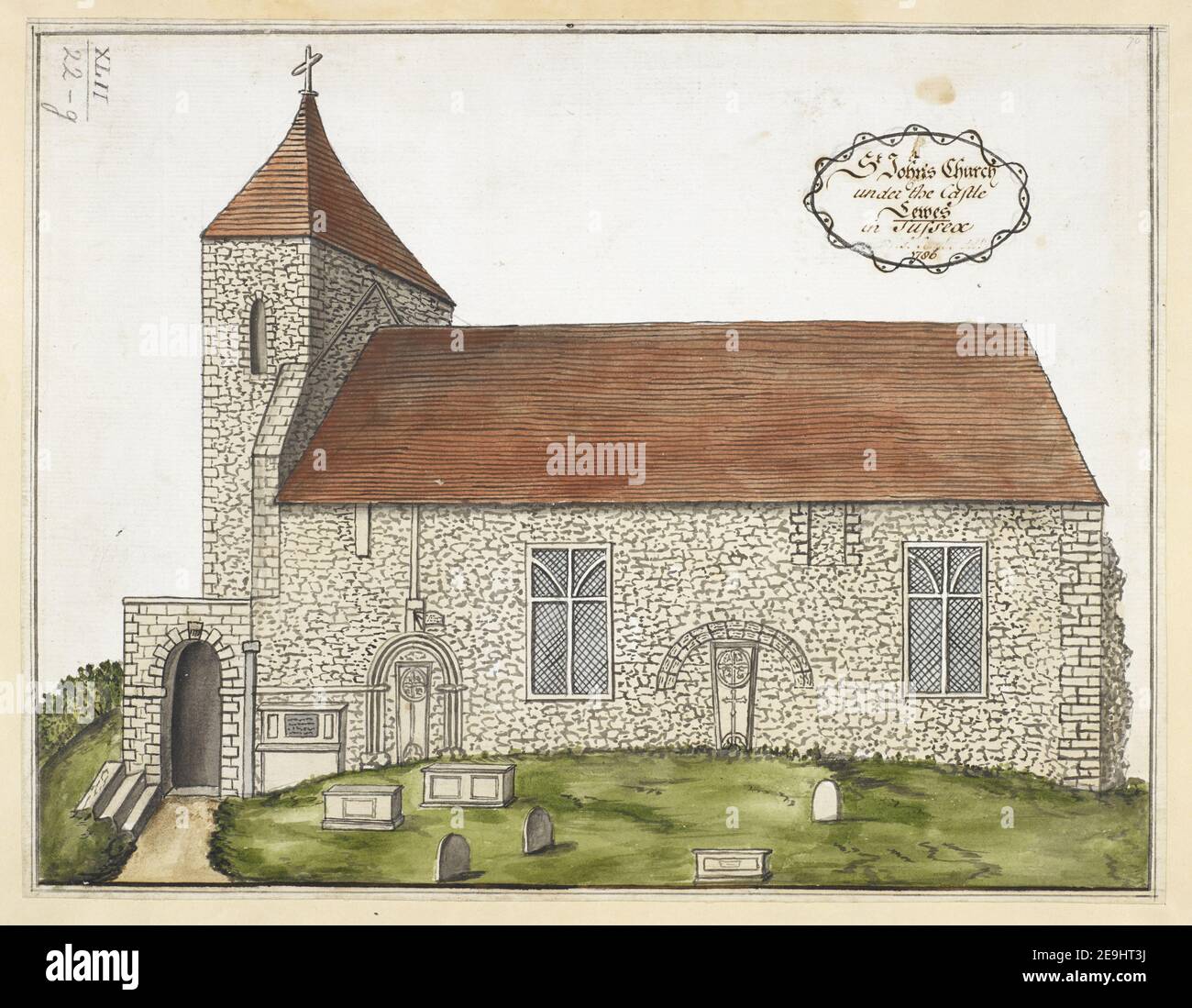 St. John's Church unter dem Schloss Lewes in Sussex. Visual Material information: Titel: St. John's Church unter dem Schloss Lewes in Sussex. 42,22 g Datum der Veröffentlichung: 1786. Objekttyp: 1 Zeichnung Medium: Feder und schwarze Tinte mit Aquarell Maße: Blatt 22,3 x 29,2 cm ehemaliger Besitzer: George III, König von Großbritannien, 1738-1820 Stockfoto
