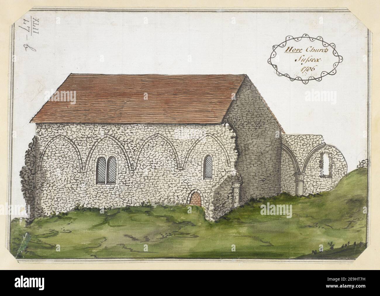 Hove Kirche Sussex. Visual Material information: Titel: Hove Church Sussex. 42,47.b Datum der Veröffentlichung: 1786. Objekttyp: 1 Zeichnung Medium: Feder und schwarze Tinte mit Aquarell Maße: Blatt 20,7 x 28,2 cm ehemaliger Besitzer: George III, König von Großbritannien, 1738-1820 Stockfoto