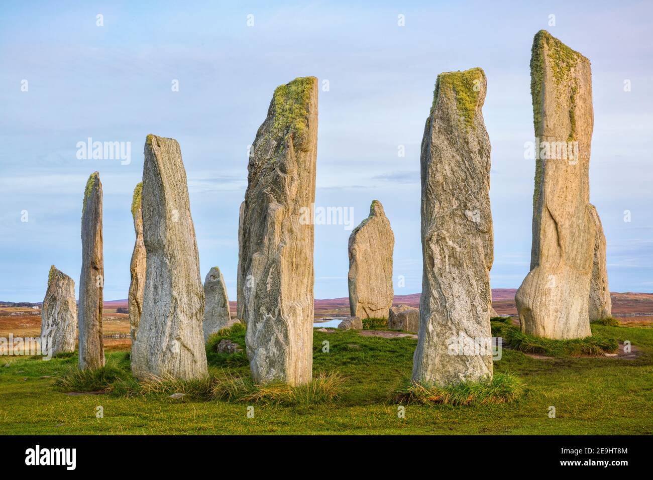 Isle of Lewis und Harris, Schottland: Abendlicht auf den Callanish Standing Stones Stockfoto