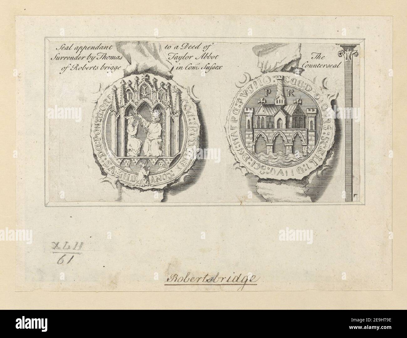 Seal Appendant zu einer Kapitulationsurkunde von Thomas Taylor Abt von Roberts brigge in Com. Sussex. Autor Vertue, George 42,61. Erscheinungsort: [London] Verlag: [Society of Antiquaries] Erscheinungsdatum: [1741] Objekttyp: 1 Print Medium: Radierung und Gravur Maße: Blatt 8,4 x 16,6 cm [getrimmt innerhalb Platemark] ehemaliger Besitzer: George III., König von Großbritannien, 1738-1820 Stockfoto