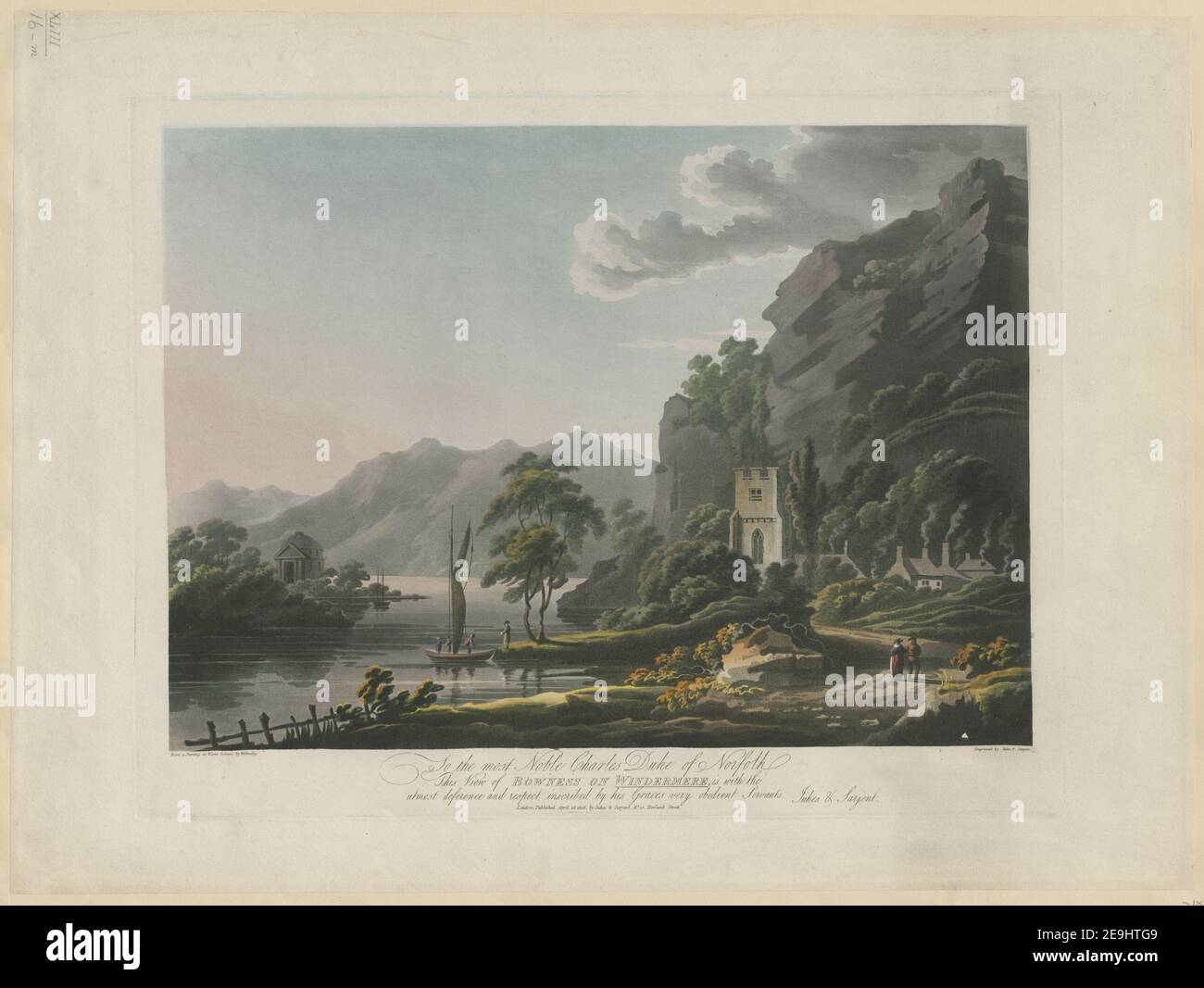 Dem Edlen Charles Herzog von Norfolk ist diese Ansicht der BOWNESS AUF WINDERMERE, mit äußerster Ehrfurcht und Respekt, eingeschrieben von seinen Grazien sehr gehorsame Diener Jukes & Sarjent. Autor Jukes, Francis 43,16.m. Erscheinungsort: London Verlag: Published April 16 1808 by Jukes , Sarjent, No 10 Howland Street., Erscheinungsdatum: [April 16 1808] Artikeltyp: 1 Print Medium: Aquatinta und Radierung mit Handkolorierung Maße: Platemark 36,2 x 46,3 cm, auf Blatt 43,7 x 58,9 cm Alter Besitzer: Georg III., König von Großbritannien, 1738-1820 Stockfoto