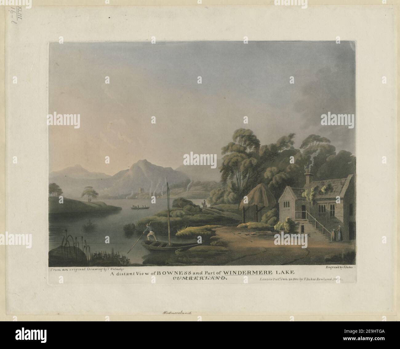 Ein entfernter Blick auf BOWNESS und Teil von WINDERMERE LAKE, CUMBERLAND. Autor Jukes, Francis 43,16.l. Erscheinungsort: London Verlag: Pubd Jan. 20 1801 by F. Jukes Howland Street., Erscheinungsdatum: [Januar 20 1801] Artikeltyp: 1 Print Medium: Aquatinta, Radierung und Liniengravur mit Handkolorierung Maße: Platemark 32,9 x 41,4 cm, auf Blatt 42,3 x 52,7 cm Alteigner: Georg III., König von Großbritannien, 1738-1820 Stockfoto