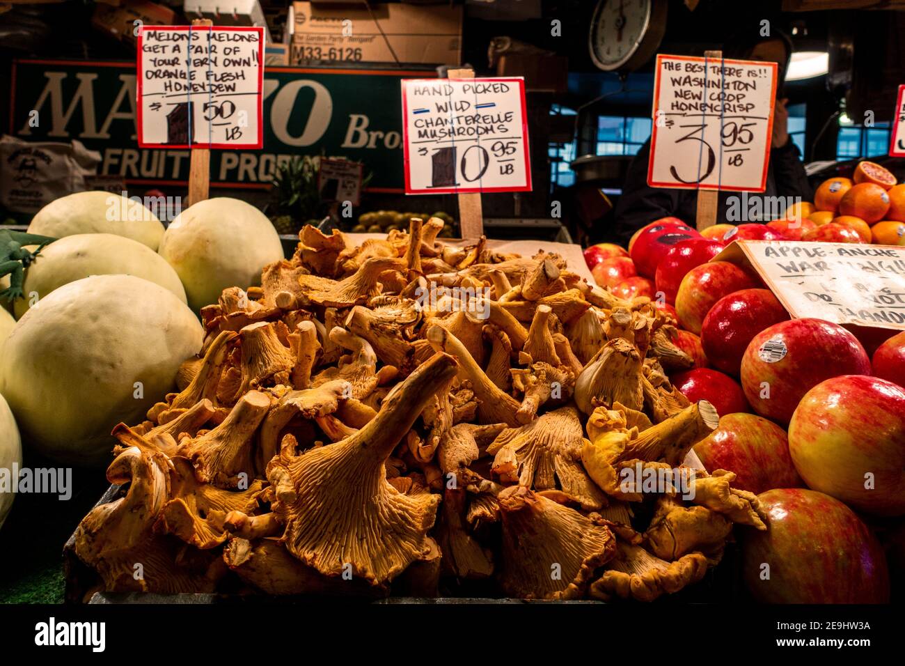 Pfifferlinge am Pike Place Market in Seatle, Washington Stockfoto