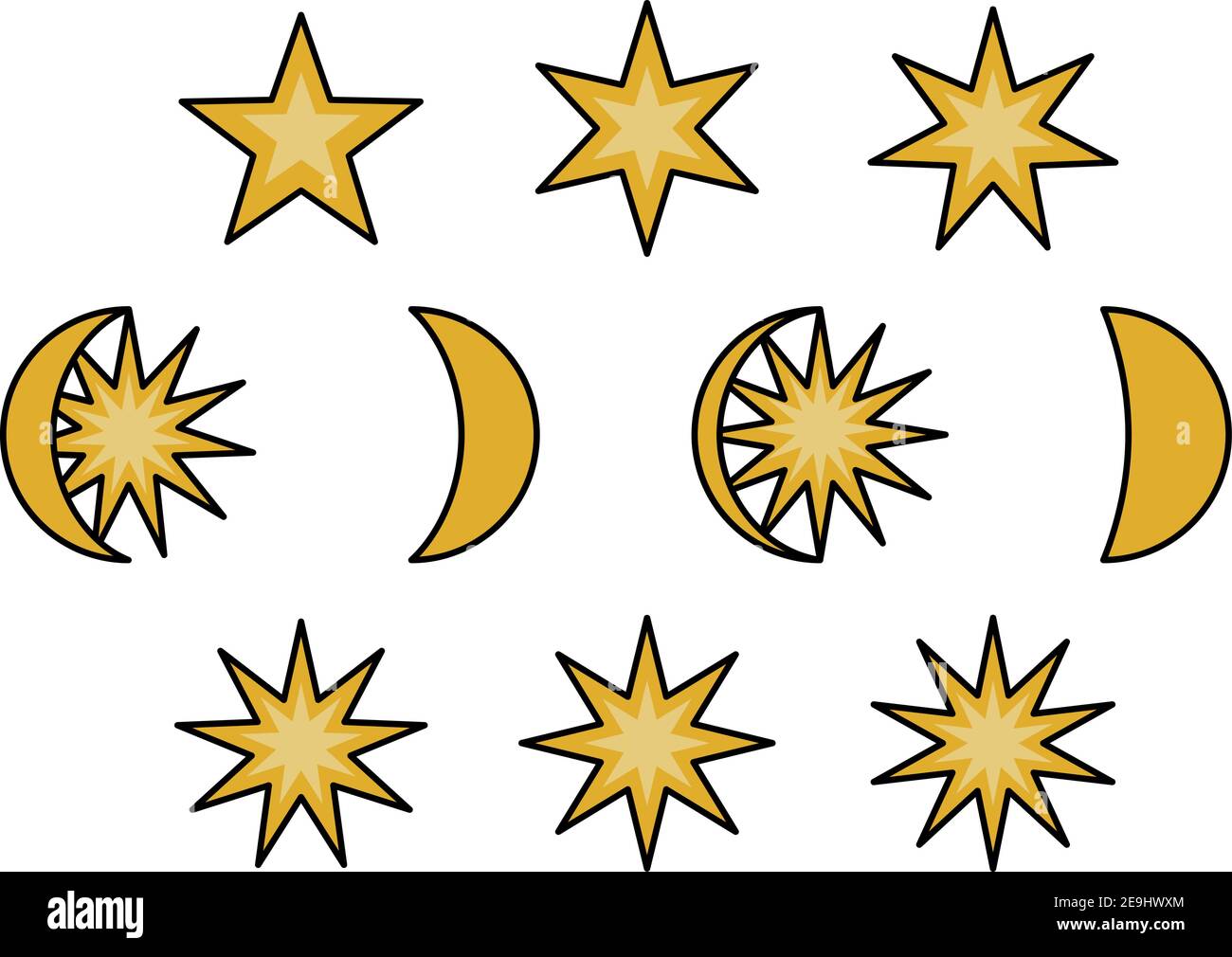 Mond- und Sternphasen, Illustration, Vektor auf weißem Hintergrund. Stock Vektor