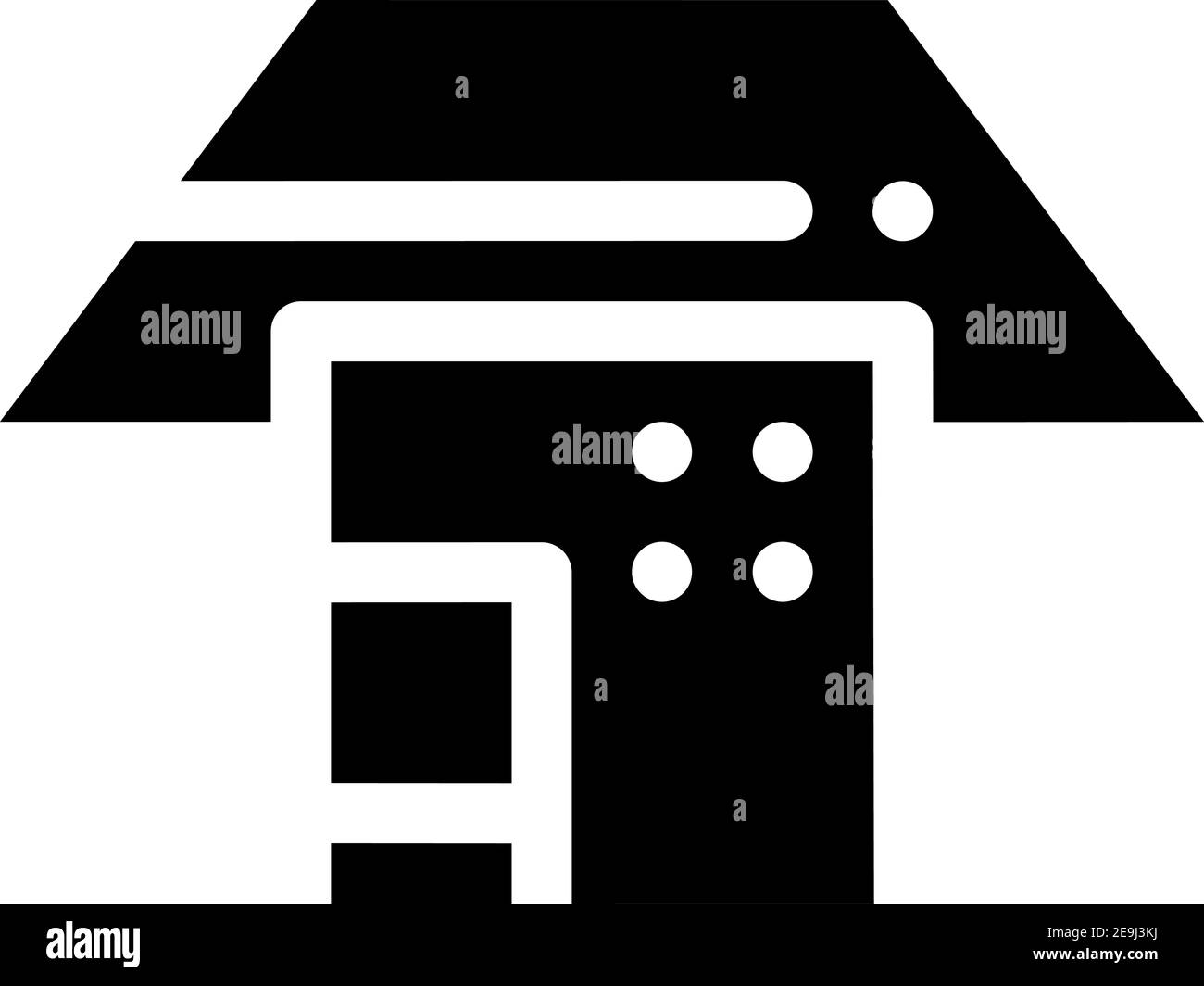 Schwarzes Haus mit einer weißen Linie auf den Dachtüren links und einem Fenster, Illustration, Vektor auf weißem Hintergrund. Stock Vektor