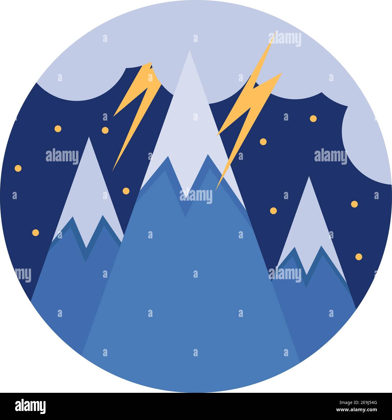 Blitz bei Nacht in den Bergen, Illustration, Vektor auf weißem Hintergrund. Stock Vektor
