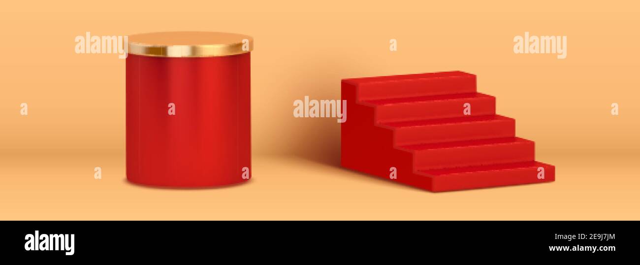 3D Treppenhäuser und runder Sockel isoliert auf gelbem Hintergrund. Geeignet für roten Teppich Thema oder chinesischen Neujahr. Stock Vektor