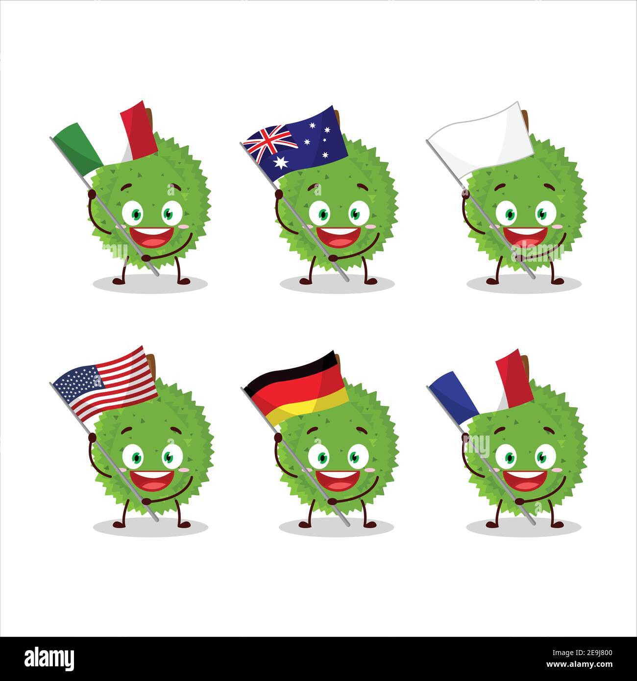 Durian Zeichentrickfigur bringen die Flaggen der verschiedenen Länder. Vektorgrafik Stock Vektor