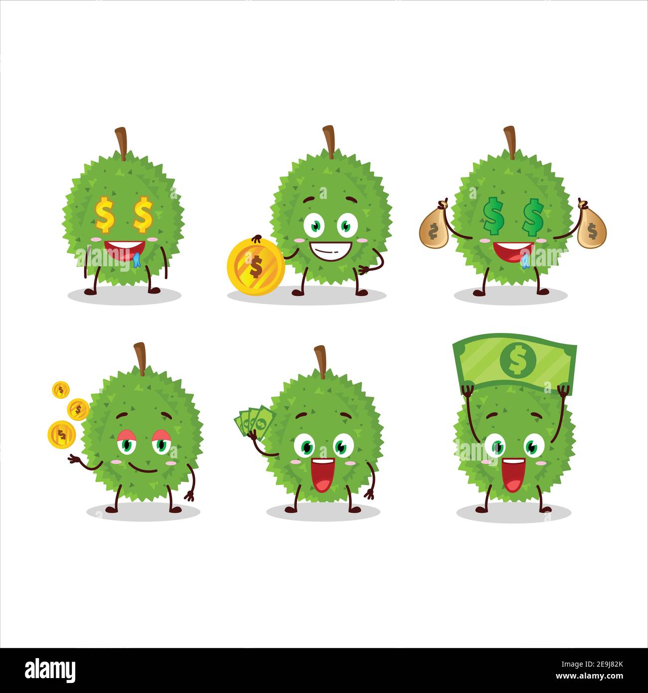 Durian Zeichentrickfigur mit niedlichen Emoticon bringen Geld. Vektorgrafik Stock Vektor