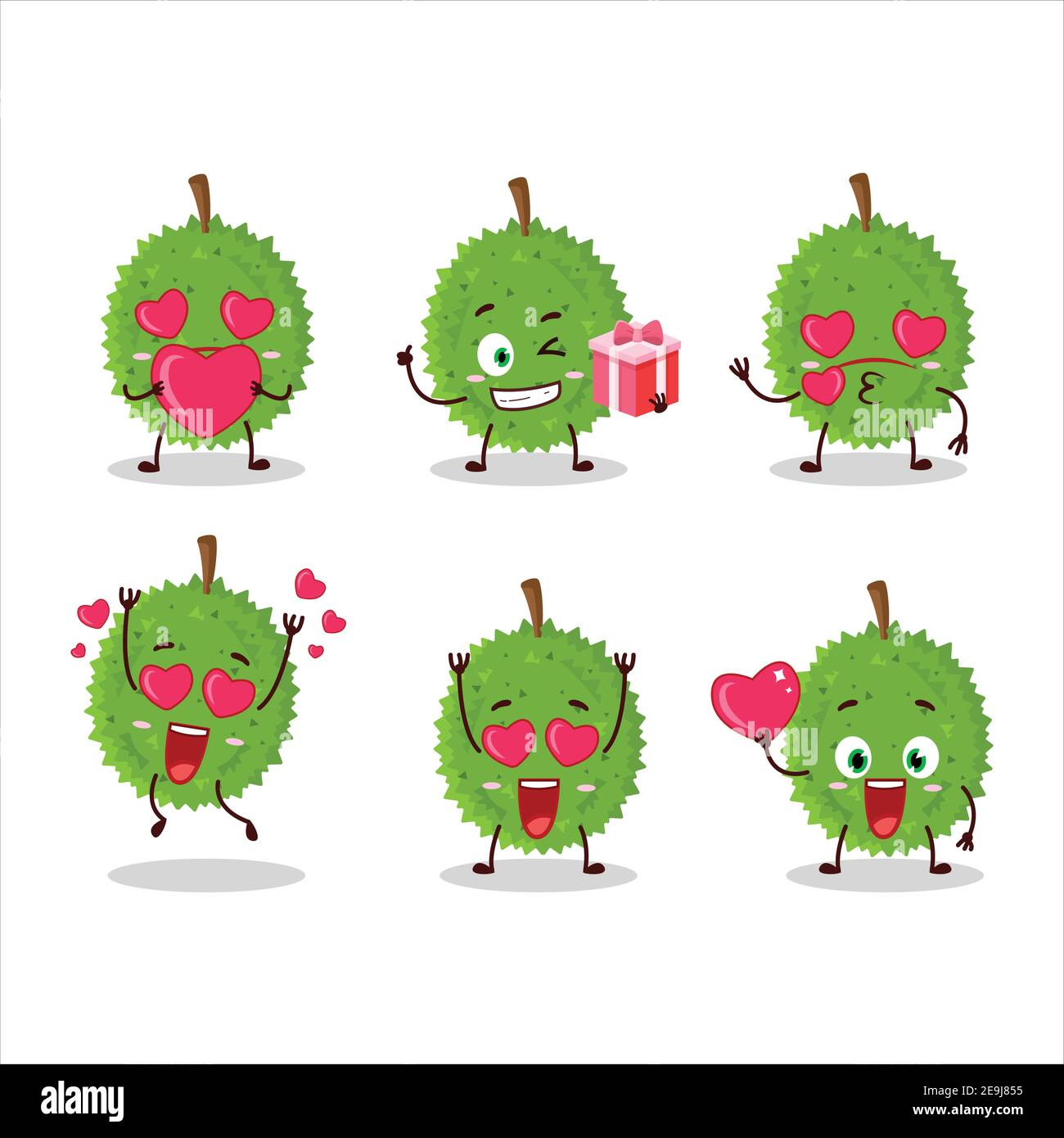 Durian Zeichentrickfigur mit Liebe niedlichen Emoticon. Vektorgrafik Stock Vektor