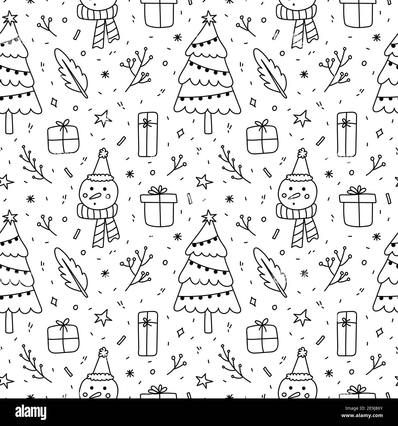 Niedliches weihnachtliches Nahtmuster. Weihnachtsbaum mit Girlande, Schneemann, Geschenke, Zweige und Schneeflocken. Vektor-handgezeichnete Illustration im Doodle-Stil. Stock Vektor