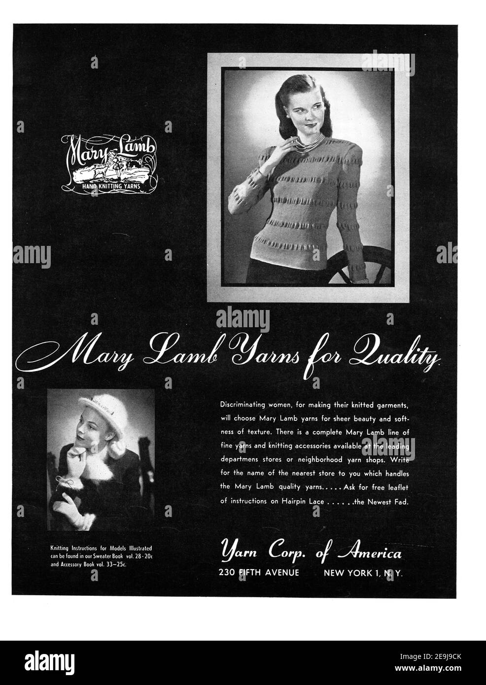 1947 Yarn Corp of America 'Mary Lamb Hand Knitting Yarns' Werbung, retuschiert und restauriert, A3+, Plakatqualität 600dpi Stockfoto