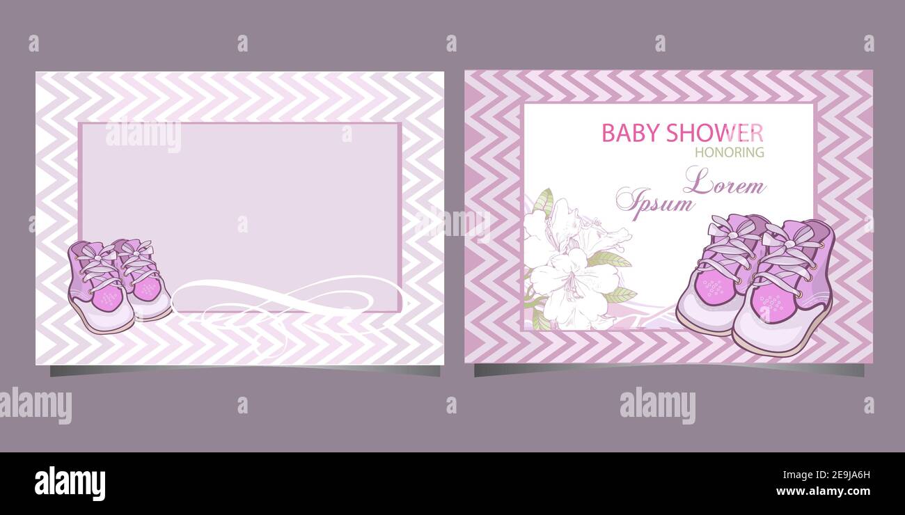 Postkarte Baby Dusche Karte mit Mädchen Hausschuhe Stock Vektor
