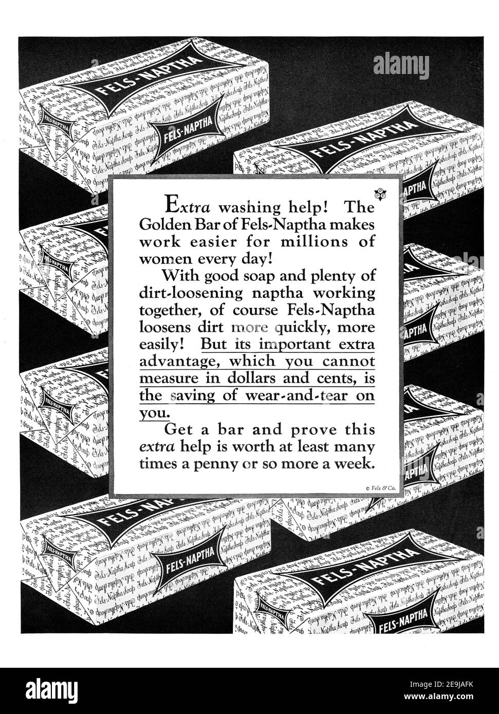 1927 Fels Naptha Seife 'Extra Washing Help' Werbung, retuschiert und wiederbelebt, 600dpi, Plakatqualität, A3+ Stockfoto