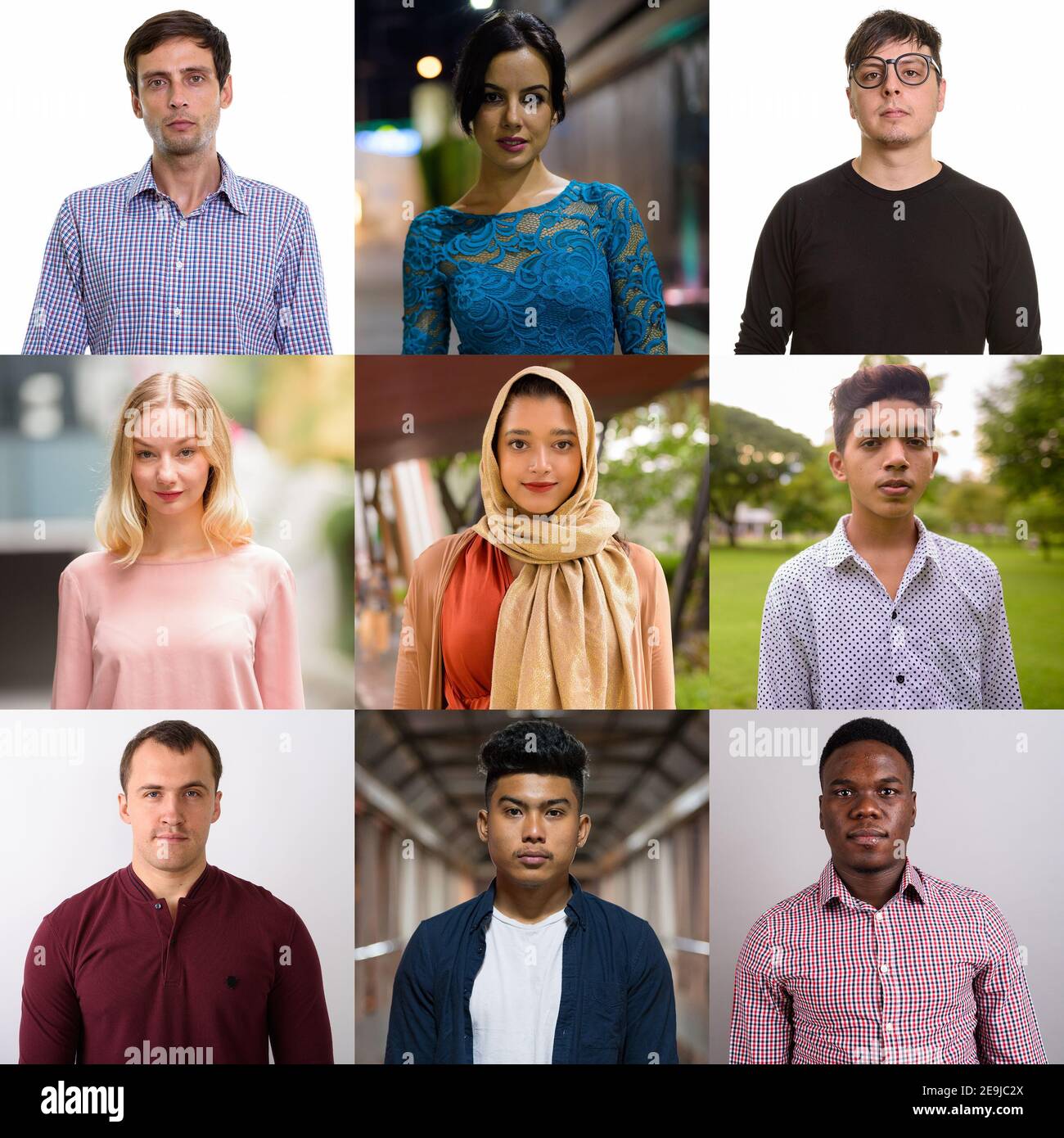 Porträts von Menschen, die auf der Kamera quadratische Ausschnittcollage aufgenommen Im Studio Stockfoto