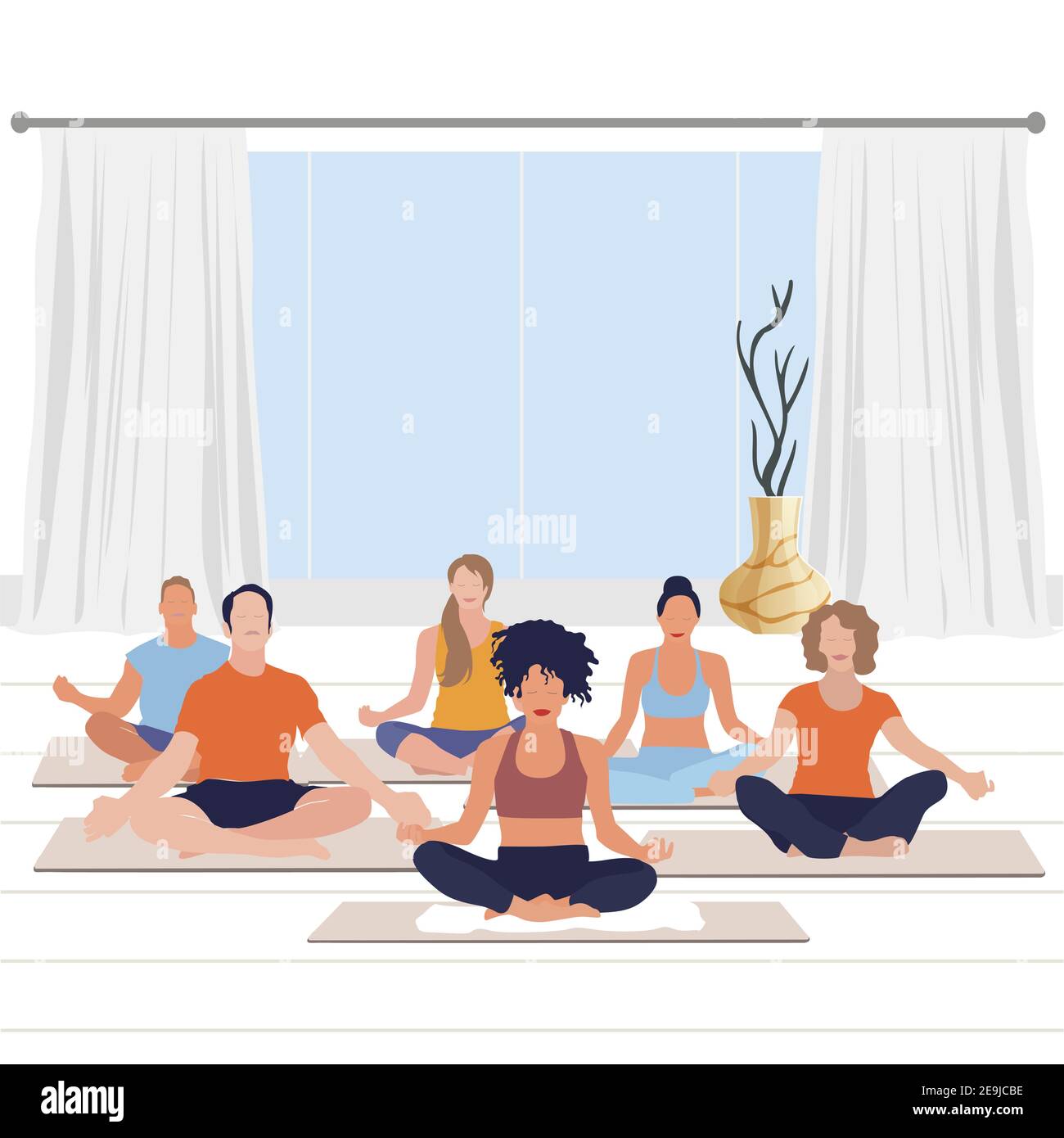 Meditieren Sie Yoga-Kurs, Ruhe Übung und entspannen. Vektor Aktivität buddhismus, Charakter Kerl und Frau auf Yoga-Lektion, Illustration Pose entspannen Asana Yoga med Stock Vektor