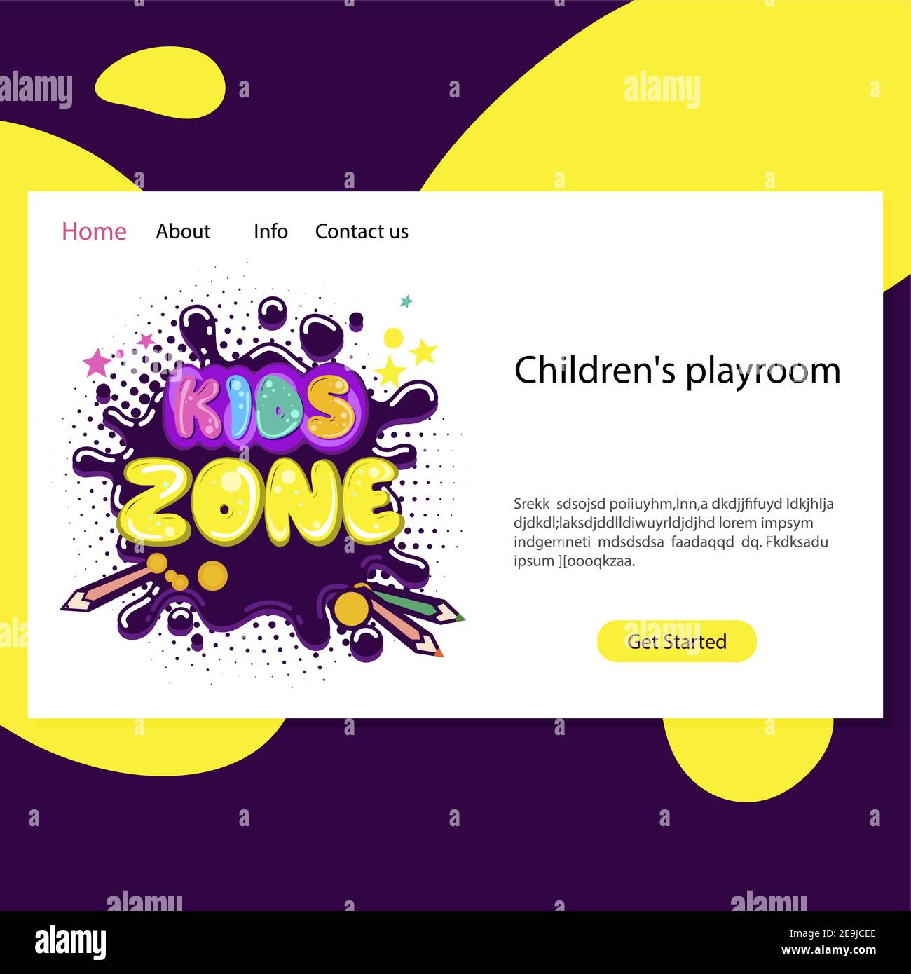 Landing Page Spielzimmer, Website Homepage Kinderzone und Ort für Spiel und kindliche Unterhaltung, Spielplatz Park für Kinder Aktivität. Vektorgrafik Stock Vektor