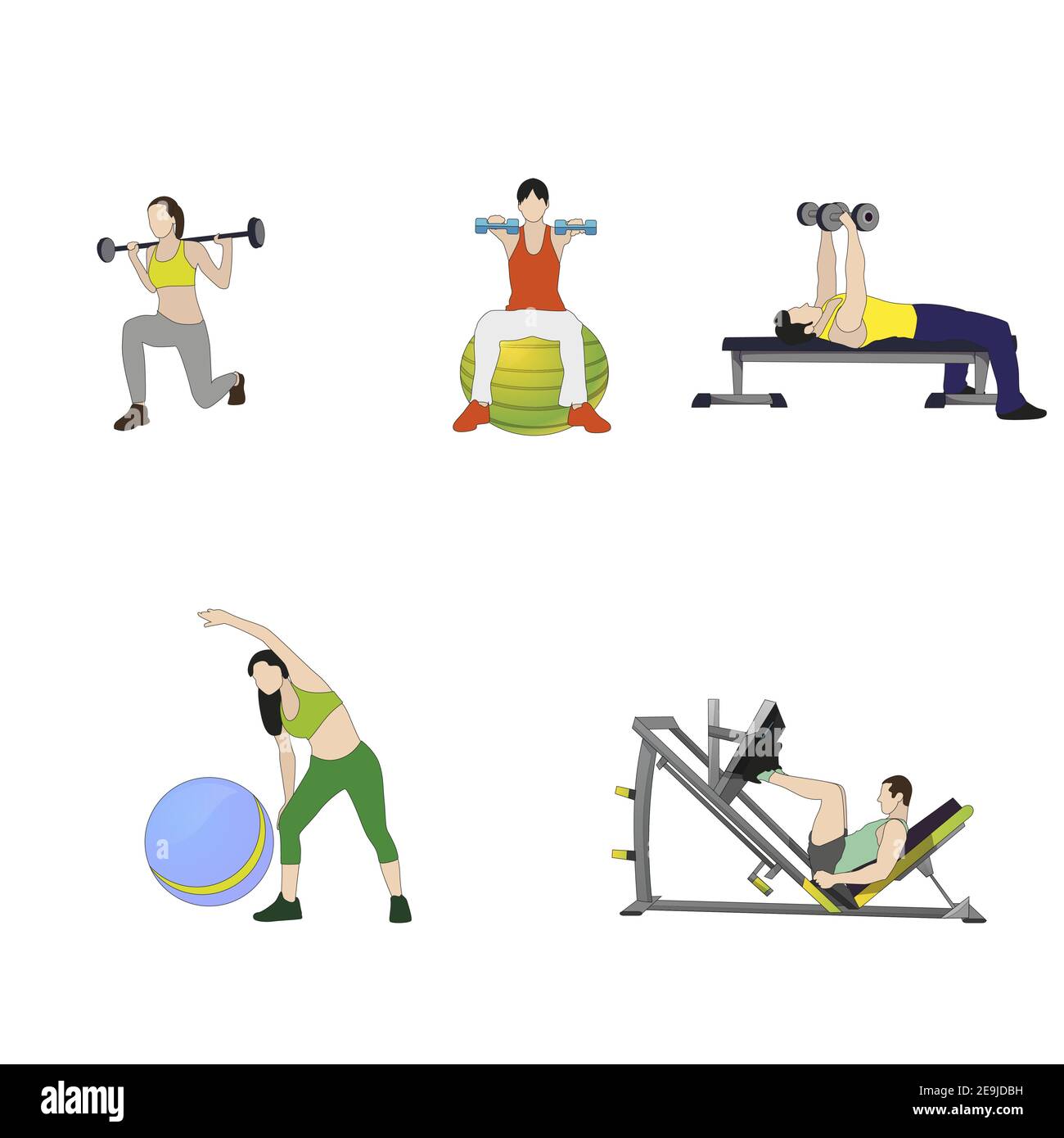 Die Menschen üben verschiedene Posen. Vector körperliche Training, starke Mann und Frau Sport Position Illustration Stock Vektor