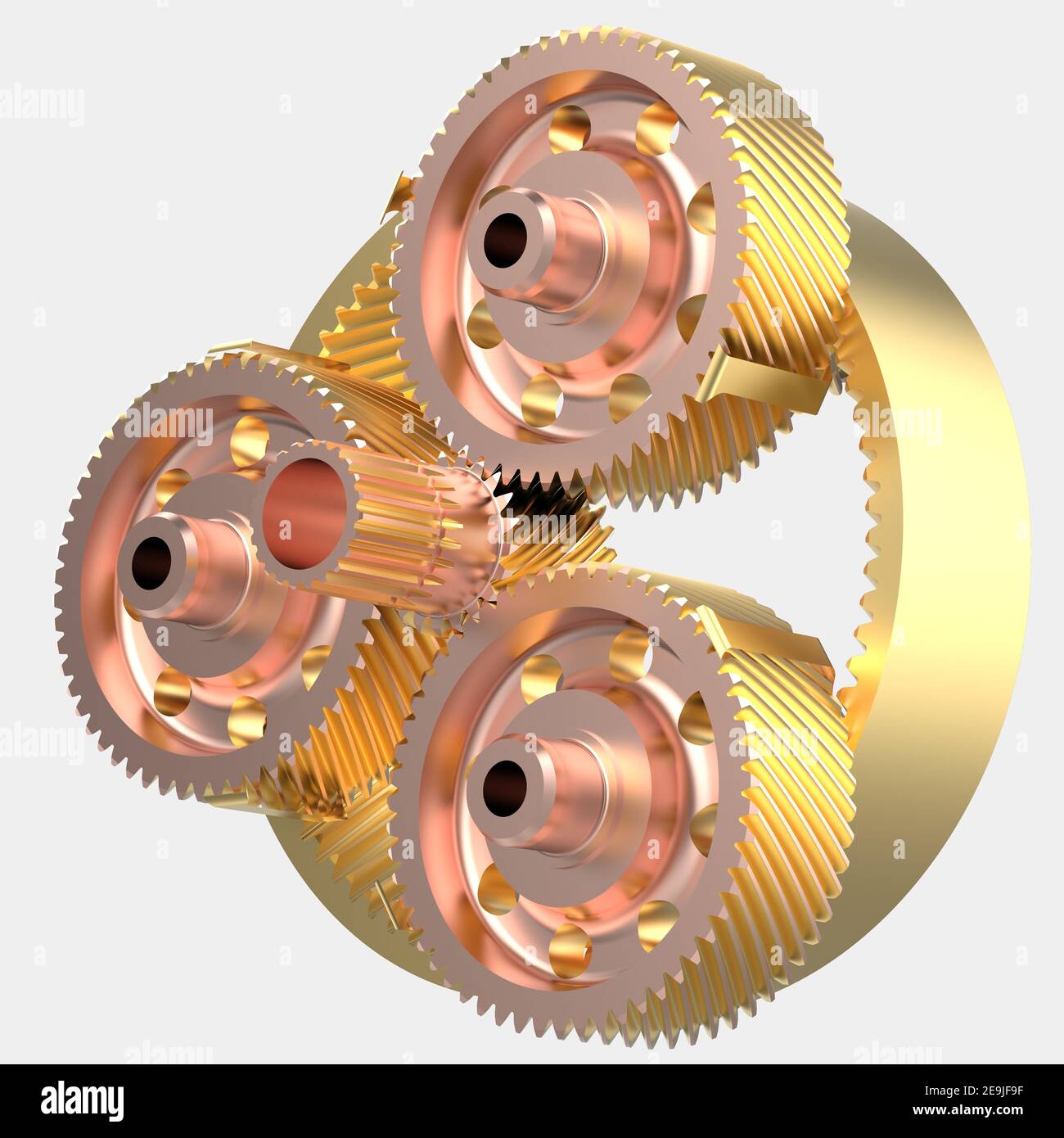 Die Zahnräder des Getriebes sind auf dem Hintergrund isoliert. 3D Rendering - Illustration Stockfoto