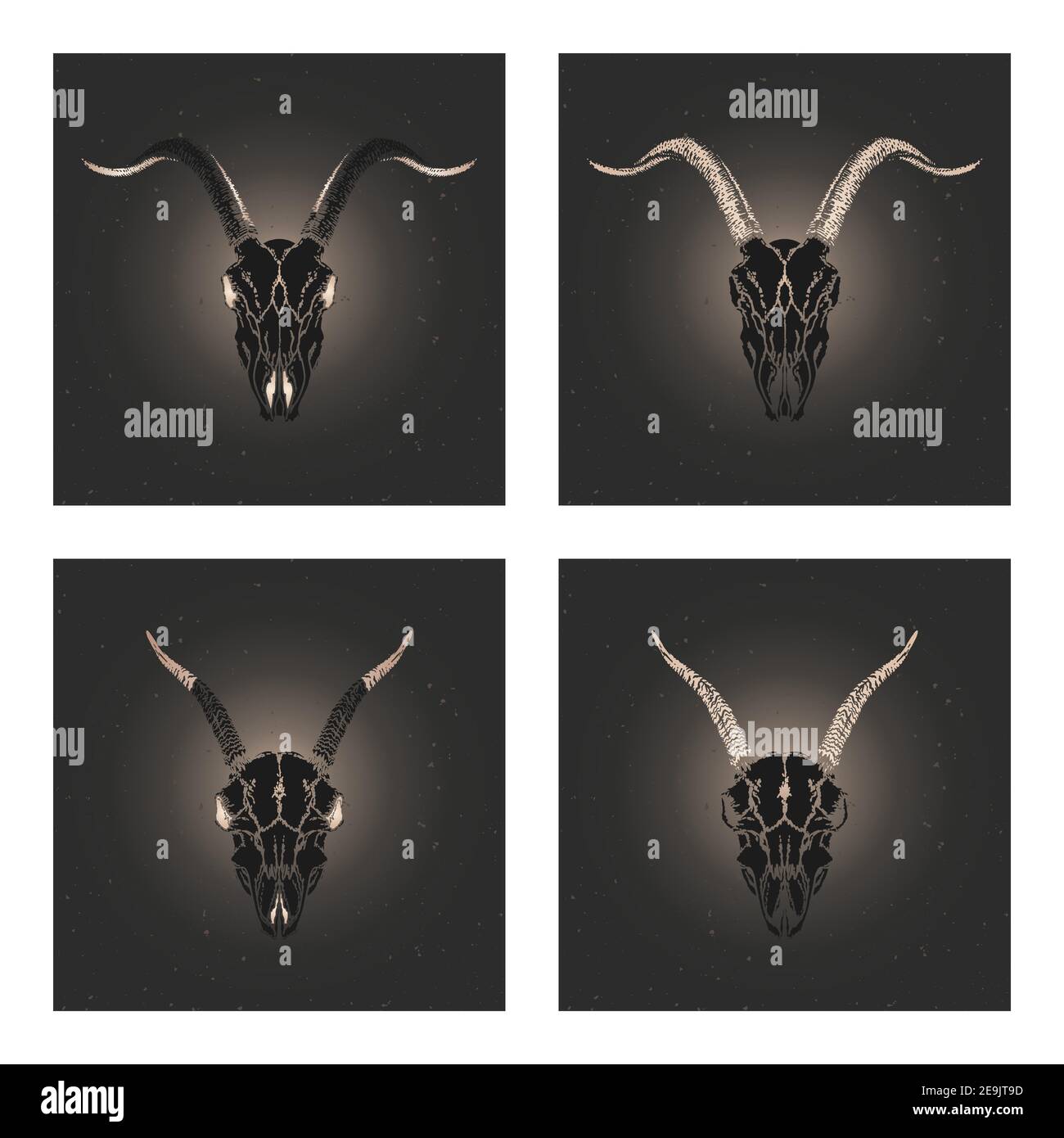 Vektor-Set von vier Illustrationen mit handgezeichneten schwarzen Silhouetten Schädel Ziegen mit goldenen Elementen auf dunklem Hintergrund. Für Sie entwerfen, drucken, Tattoo o Stock Vektor