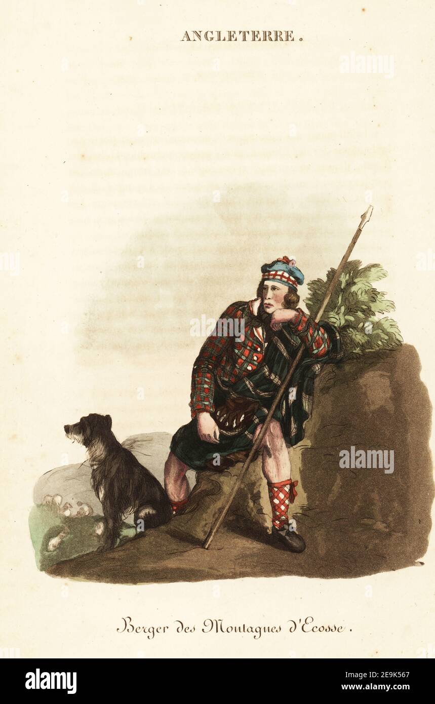 Shepherd in den schottischen Highlands, 1800s. In Tam o'shanter Mütze, Tartan Kilt mit Sporran, Karo-Strümpfe, Lederschuhe, mit Schafhund. Berger des montagnes d’Ecosse. Handkolorierter Kupferstich nach einer Illustration von William Alexander aus J-B. Eyries’ L'Angleterre ou Costumes, Moeurs et Usages des Anglais, England: Costumes, Manners and Mores of the English, Librairie de Gide Fils, Paris, 1821. Jean-Baptiste Eyries (1767-1846) war ein französischer Geograph, Autor und Übersetzer. Stockfoto