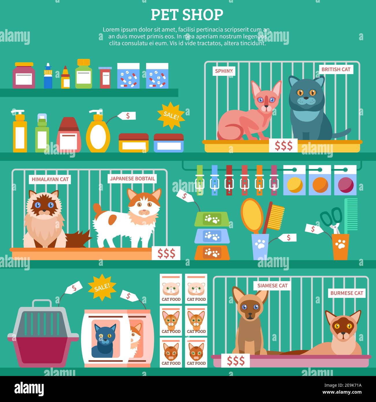 PET-Shop-Konzept mit flachen Katze Rasse Symbole Vektor-Illustration Stock Vektor