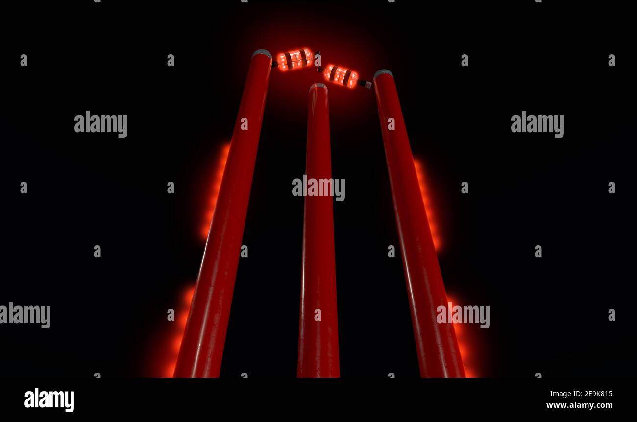 Rote elektronische Cricket-Wickets mit ausrichtenden Bällen und Beleuchtung LED Lichter auf dem Hintergrund des Nachthimmels - 3D Rendern Stockfoto