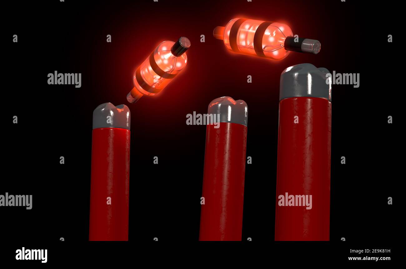 Rote elektronische Cricket-Wickets mit ausrichtenden Bällen und Beleuchtung LED Lichter auf dem Hintergrund des Nachthimmels - 3D Rendern Stockfoto